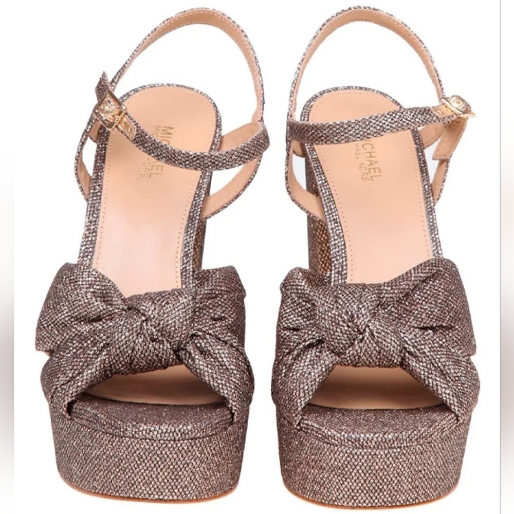 Michael Kors Gold Brown Sandals Platform  Ankke Strap New Sz 10 - Picture 4 of 15